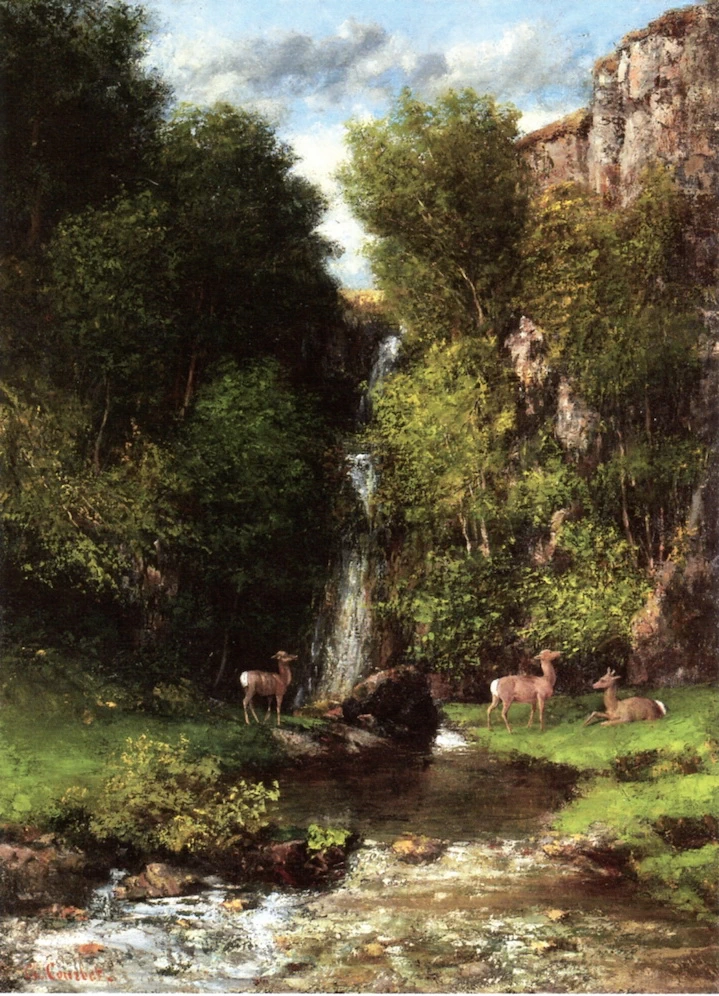  288-Una famiglia di cervi in ​​un paesaggio con una cascata 